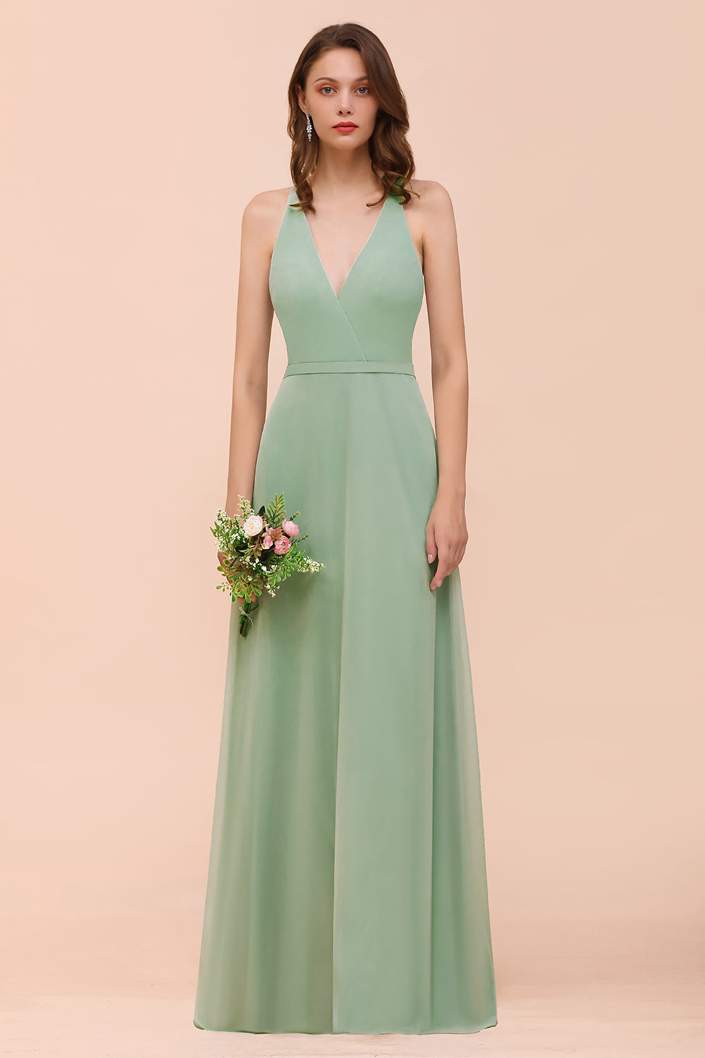 Glamorous Dusty Sage V-Neck Straps Affordable Bridesmaid Dress