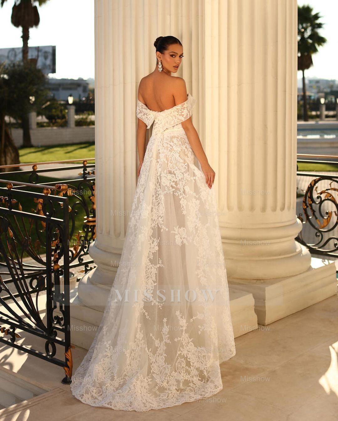 Glamorous Long White A-line Off-the-shoulder Lace Wedding Dress