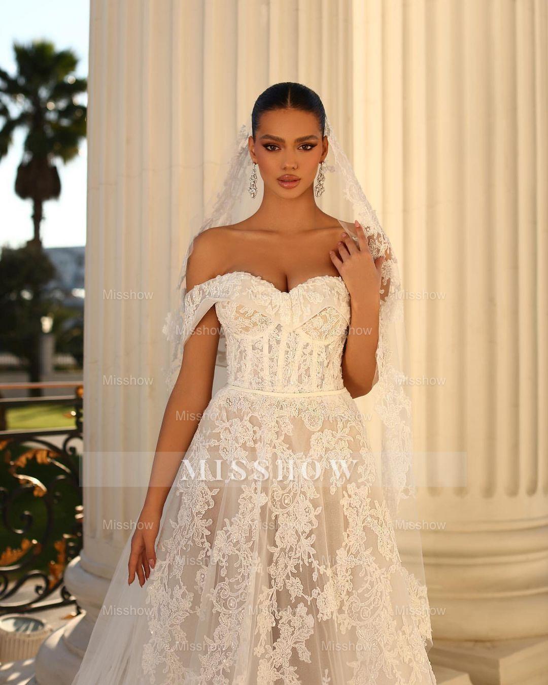 Glamorous Long White A-line Off-the-shoulder Lace Wedding Dress