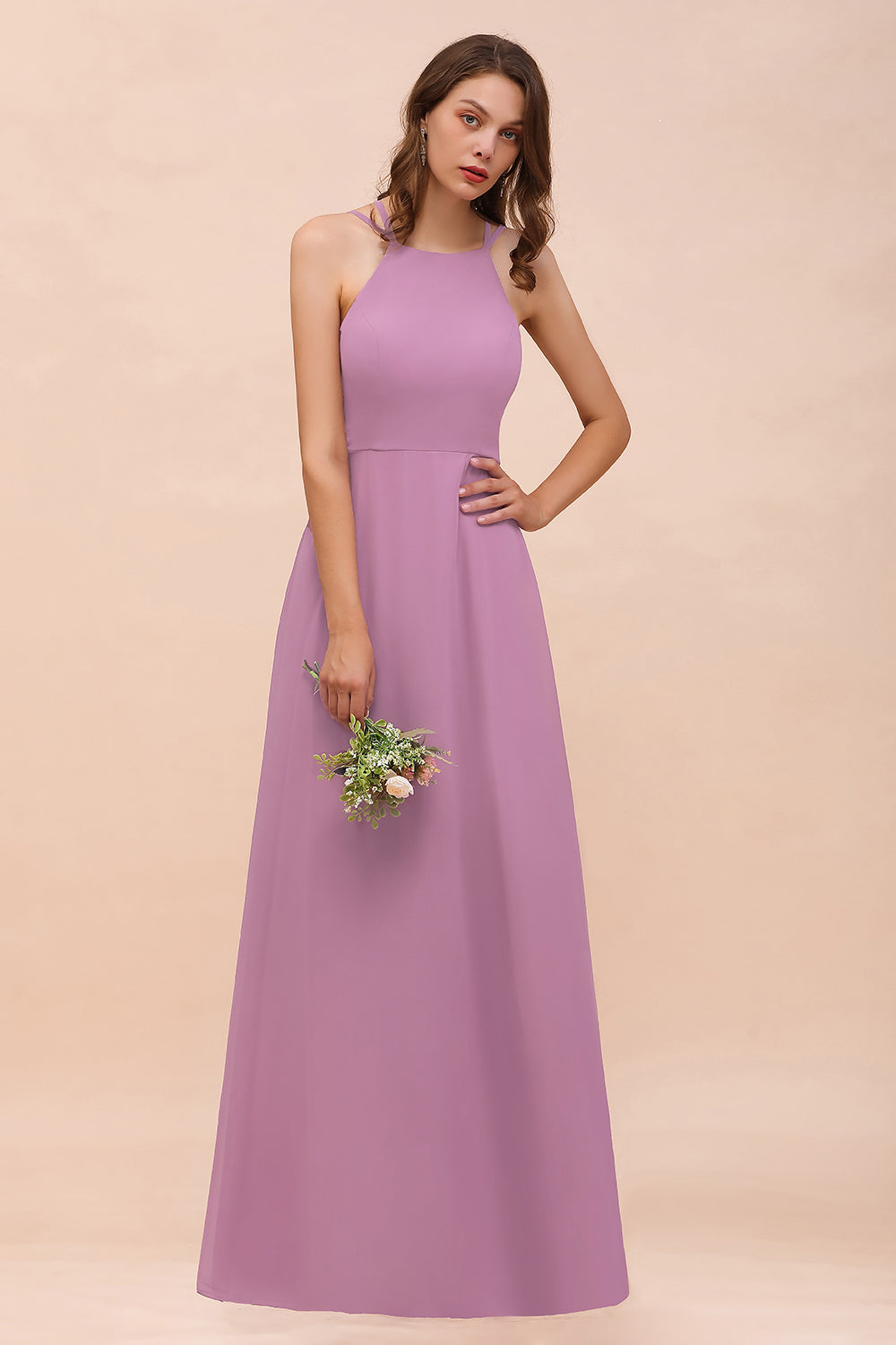 Gorgeous Halter Wisteria Chiffon Bridesmaid Dresses with Draped Back
