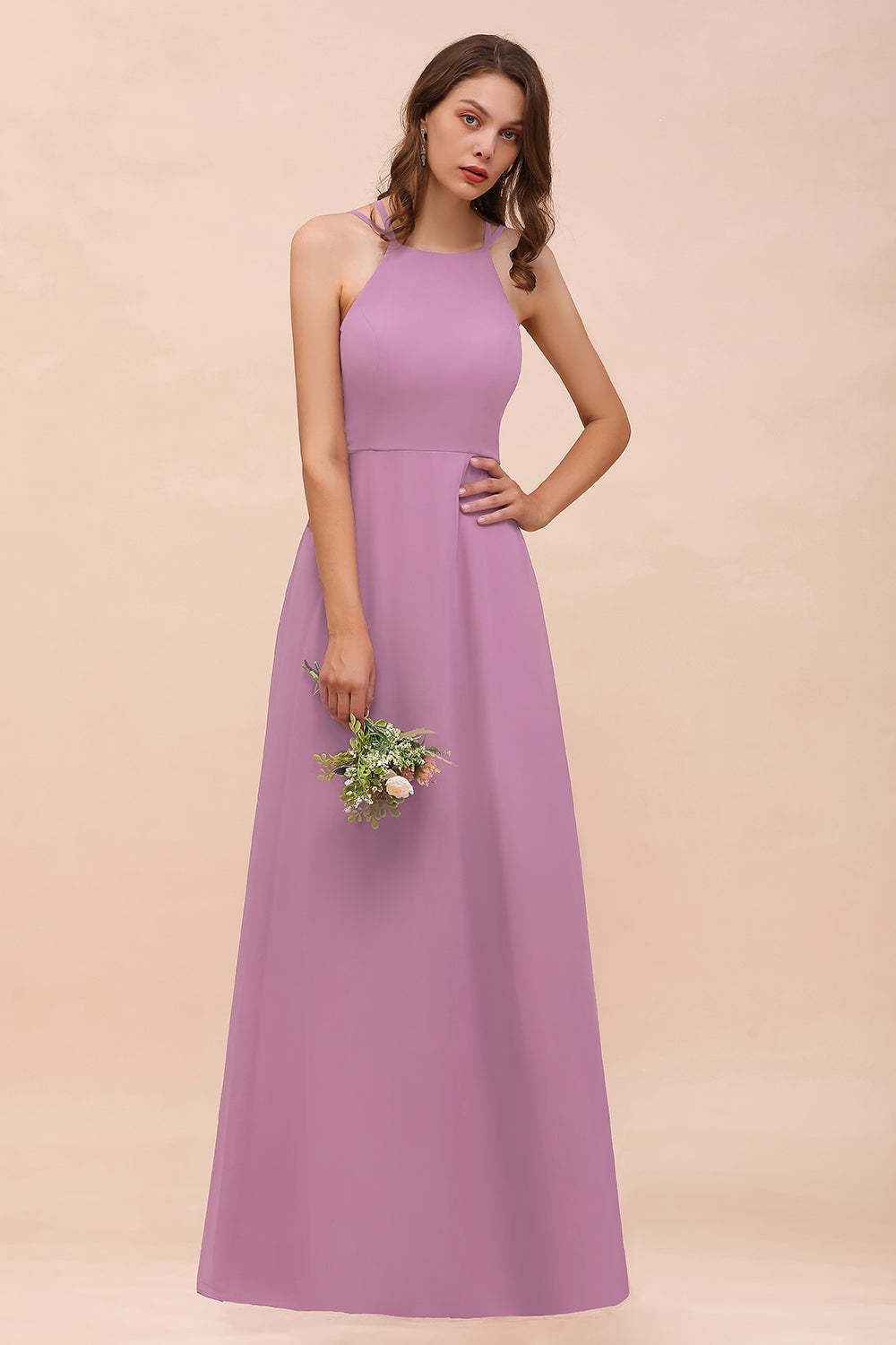 Gorgeous Halter Wisteria Chiffon Bridesmaid Dresses with Draped Back