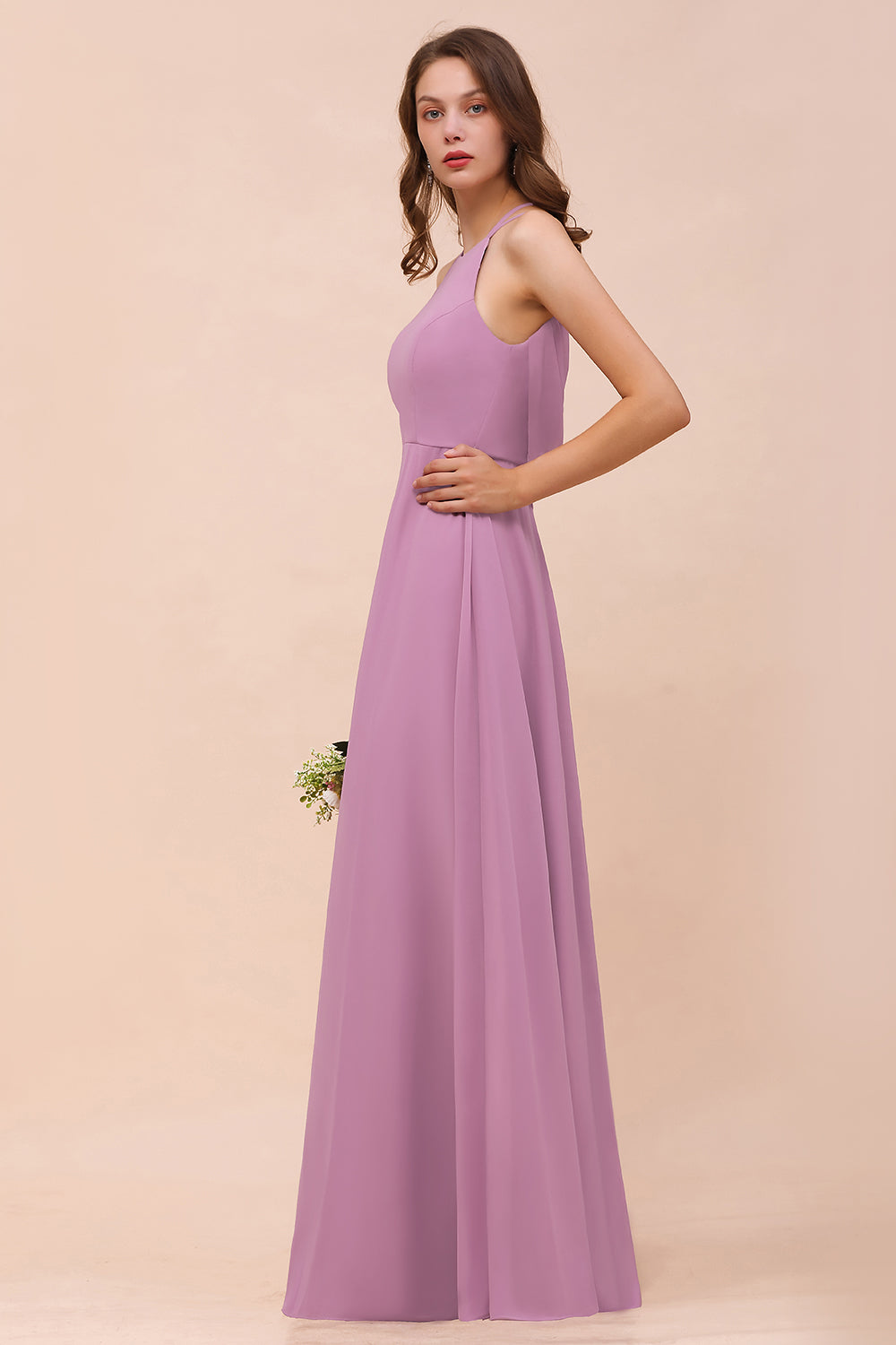 Gorgeous Halter Wisteria Chiffon Bridesmaid Dresses with Draped Back