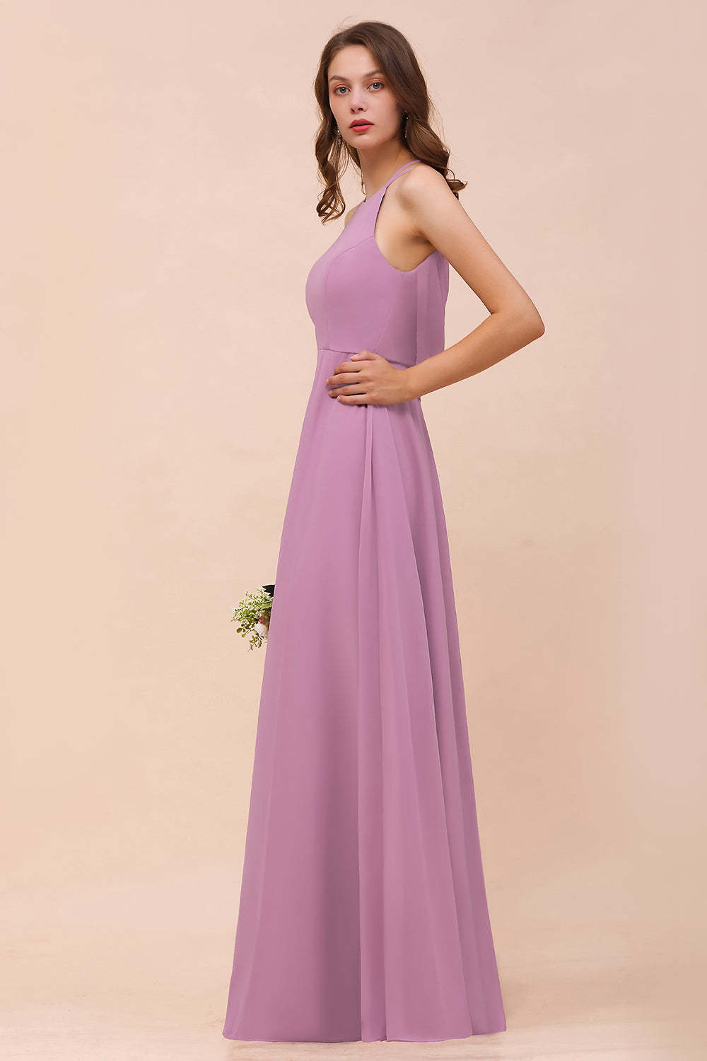 Gorgeous Halter Wisteria Chiffon Bridesmaid Dresses with Draped Back