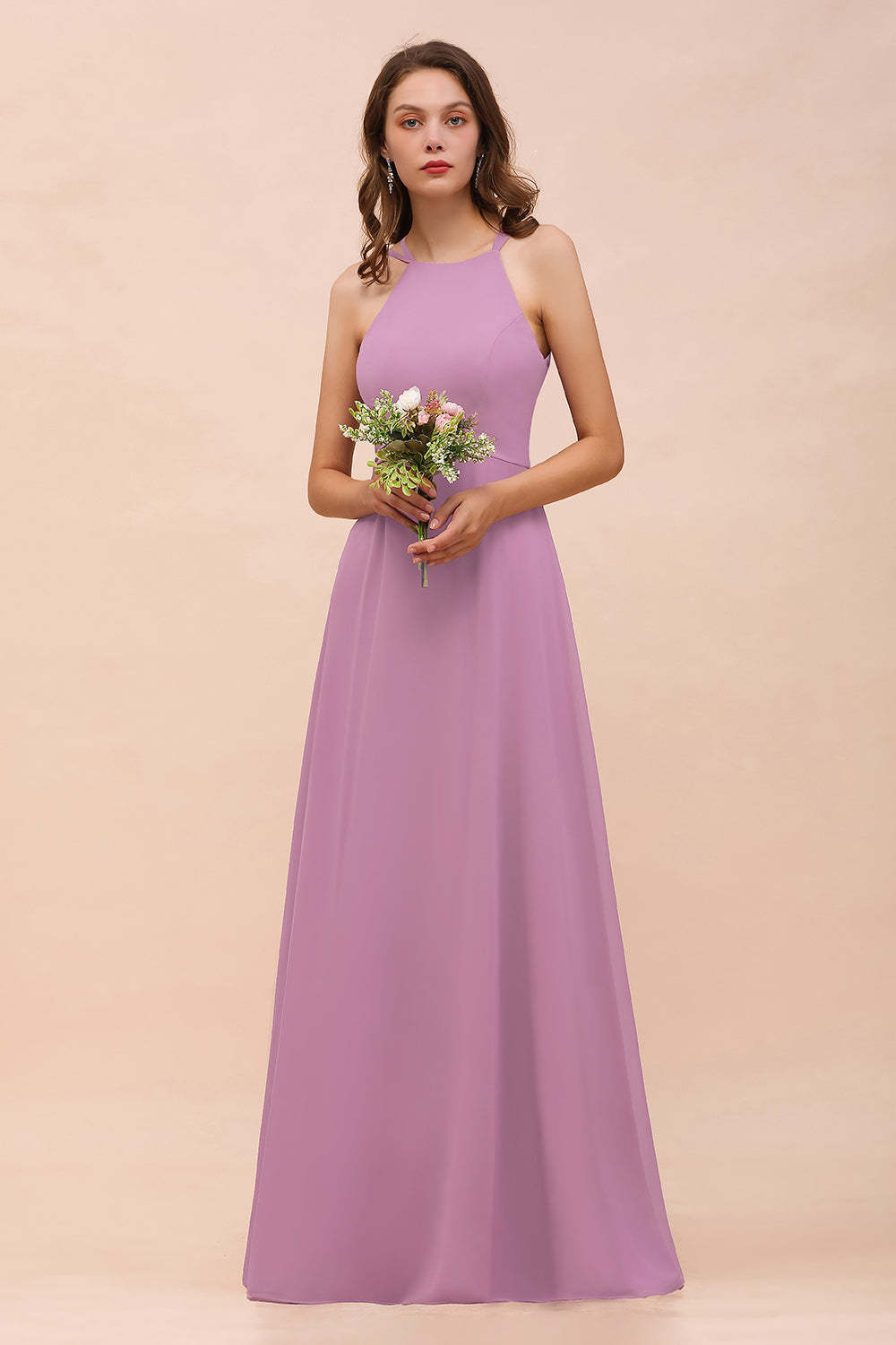 Gorgeous Halter Wisteria Chiffon Bridesmaid Dresses with Draped Back