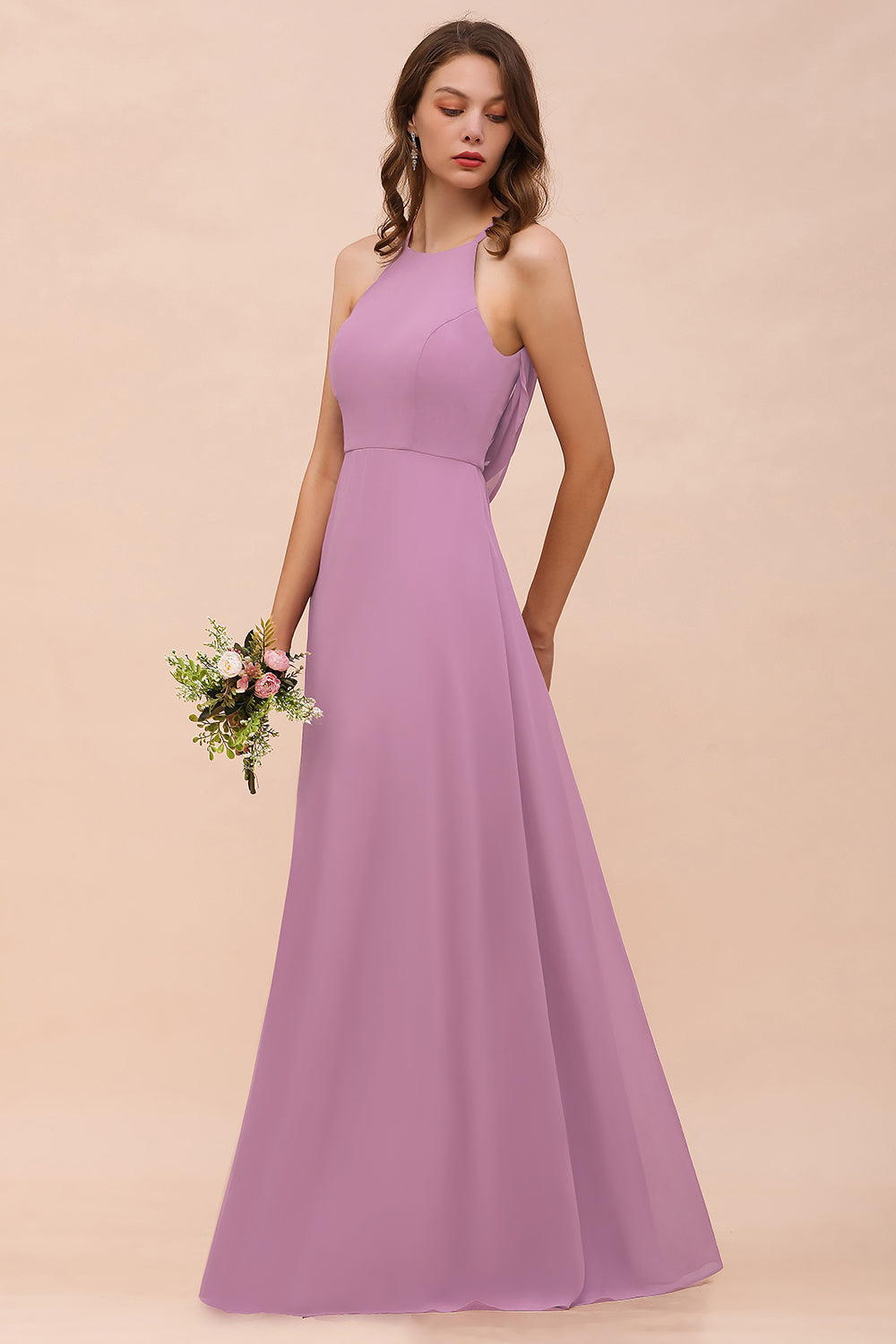 Gorgeous Halter Wisteria Chiffon Bridesmaid Dresses with Draped Back