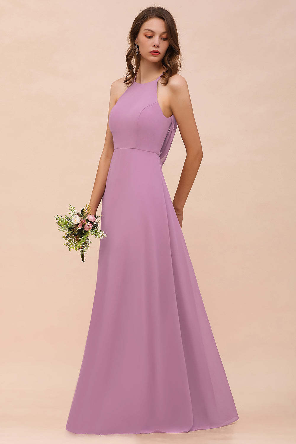 Gorgeous Halter Wisteria Chiffon Bridesmaid Dresses with Draped Back