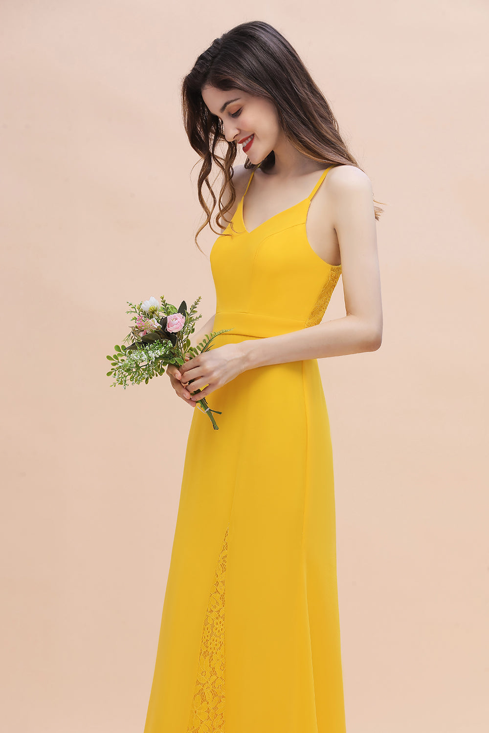Gorgeous Spaghett Straps V-Neck Chiffon Lace Bridesmaid Dress Online