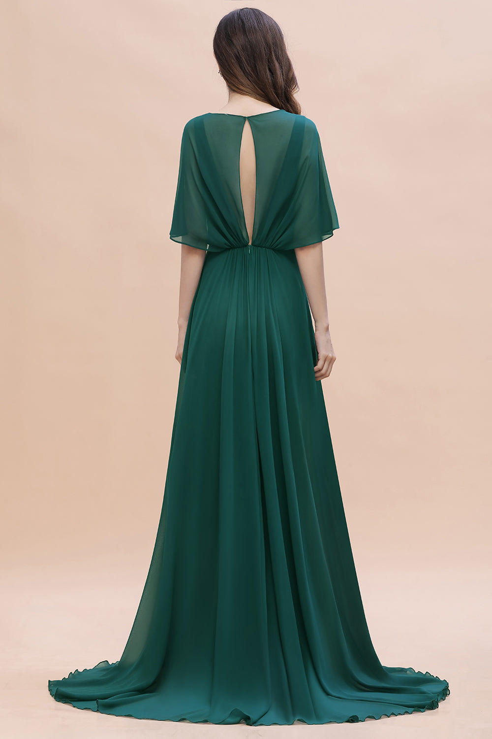 Gorgeous V-Neck Chiffon Ruffles Beading Bridesmaid Dress with Half Sleeves