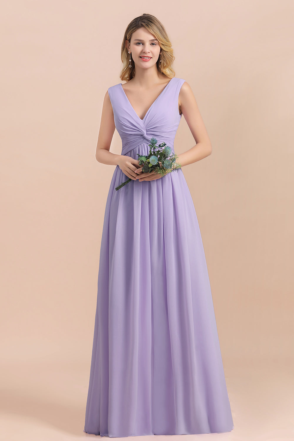 Gorgeous V-Neck Ruffle Lilac Chiffon Affordable Bridesmaid Dress with Ruffle