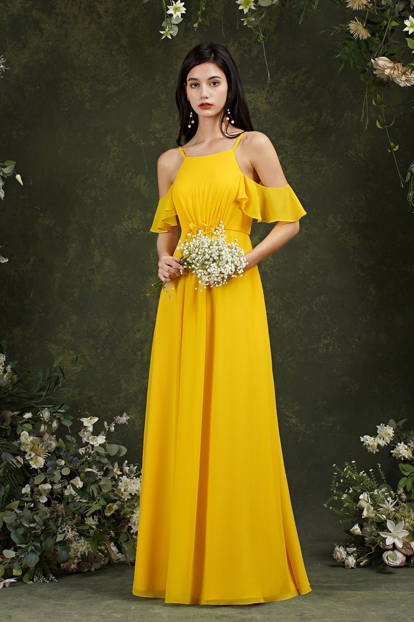 Halter Chiffon Bridesmaid Dress Long WIth Ruffle