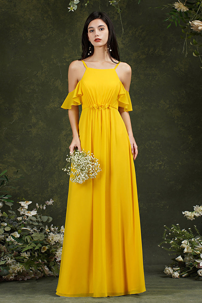 Halter Chiffon Bridesmaid Dress Long WIth Ruffle