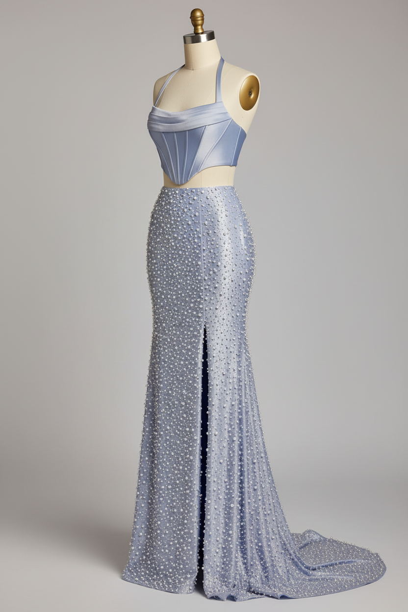 Light blue two-piece beaded prom dress - alternate side view