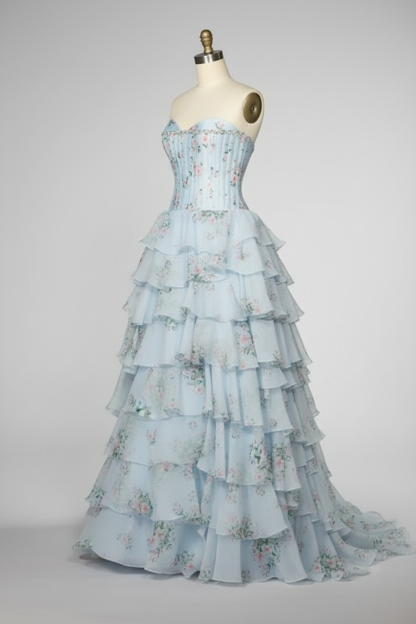 Light blue floral print tiered ball gown - alternate side view