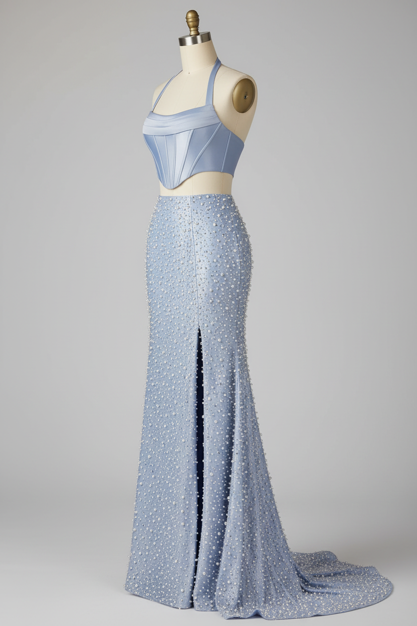 Light blue two-piece beaded prom dress - side view