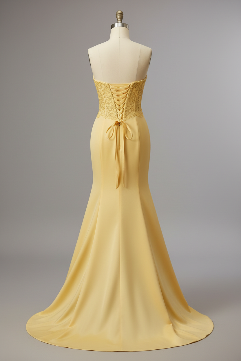 Yellow lace embroidered mermaid prom dress - corset back view
