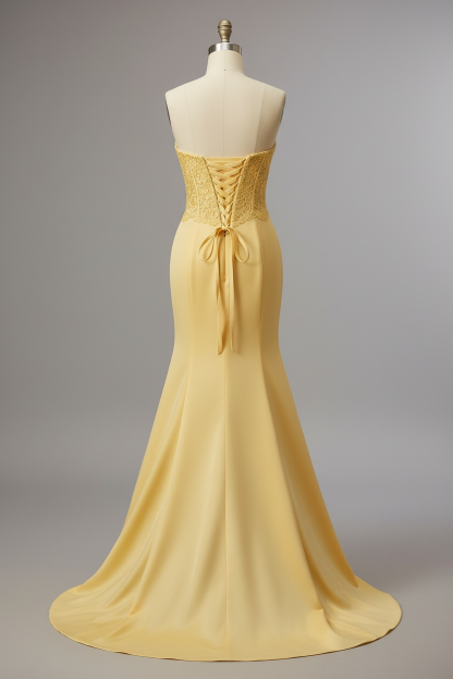 Yellow lace embroidered mermaid prom dress - corset back view