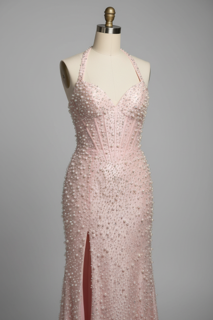 Pink beaded prom dress - beading detail