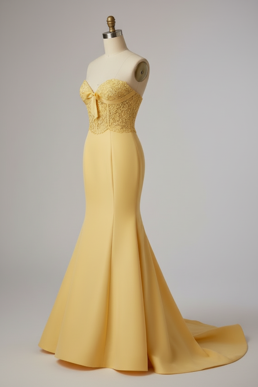 Yellow lace embroidered mermaid prom dress - alternate side view
