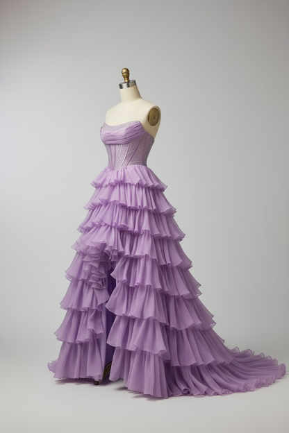 Lavender purple tiered ruffle ball gown - side view