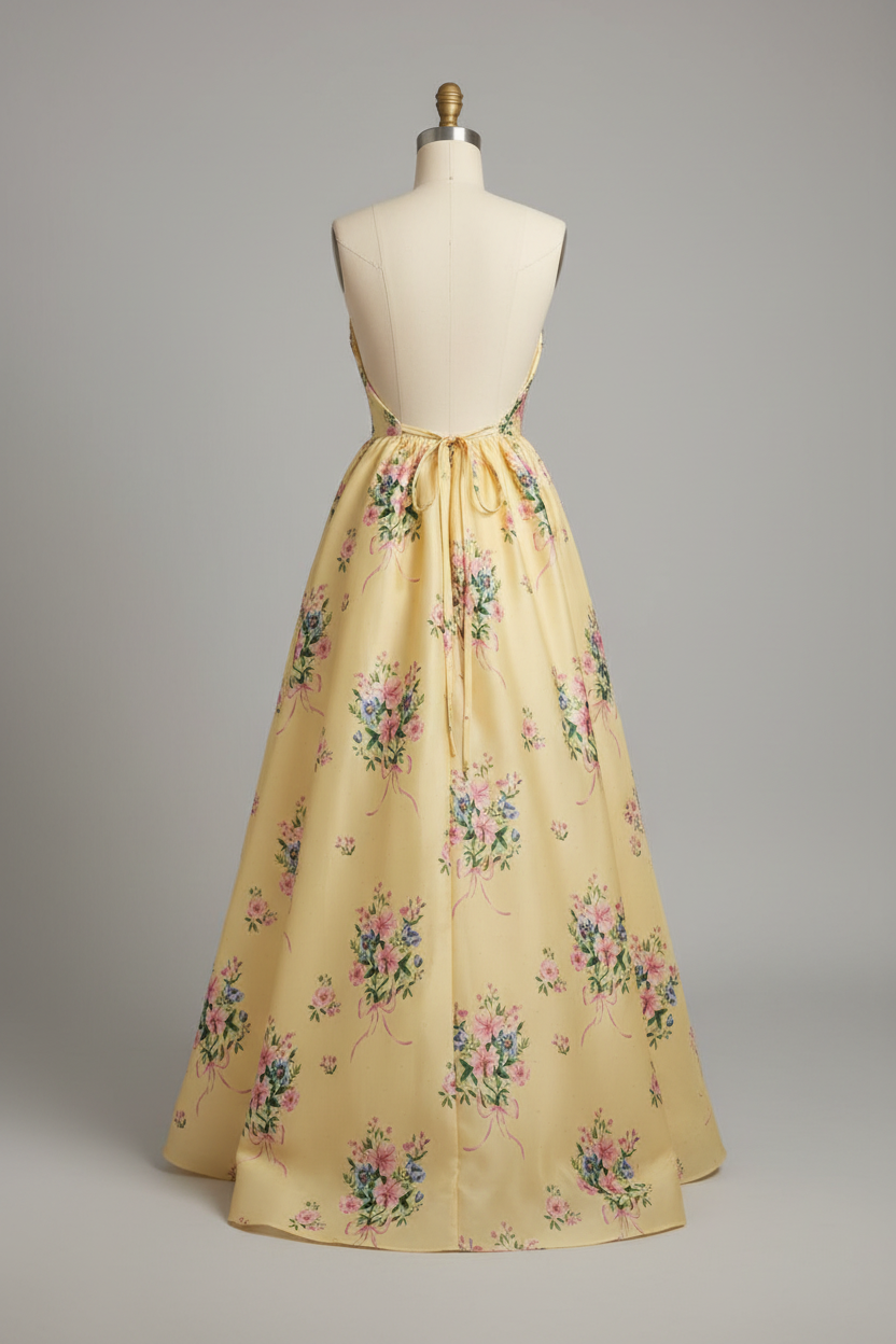 Yellow floral embroidered ball gown - back view with tie straps