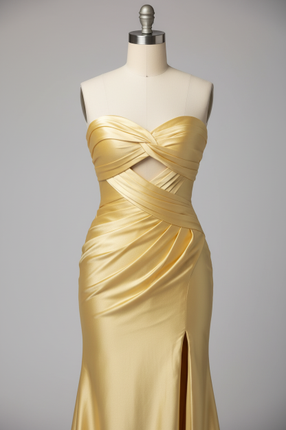 Golden yellow satin prom dress - ruched detail