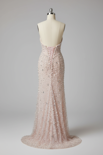 Pink beaded prom dress - back view with corset