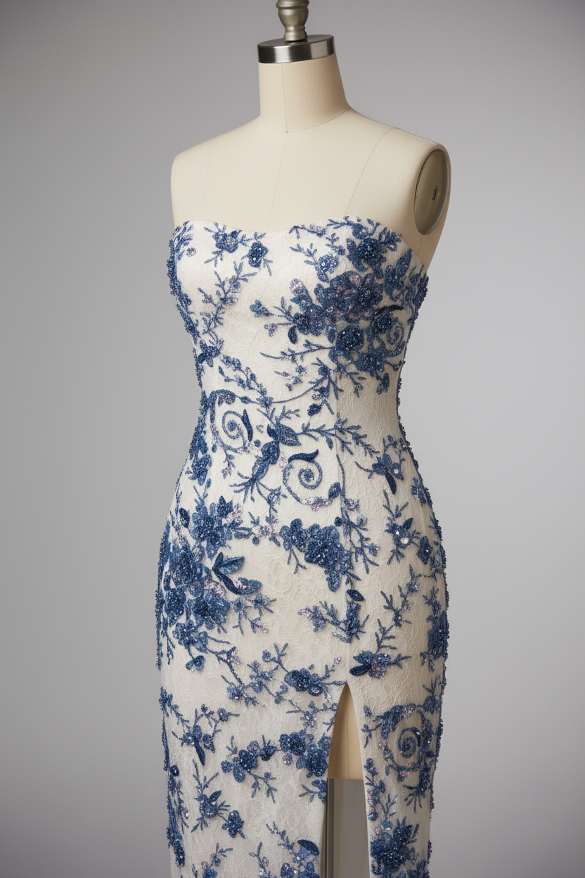 White mermaid prom dress - lace embroidery detail