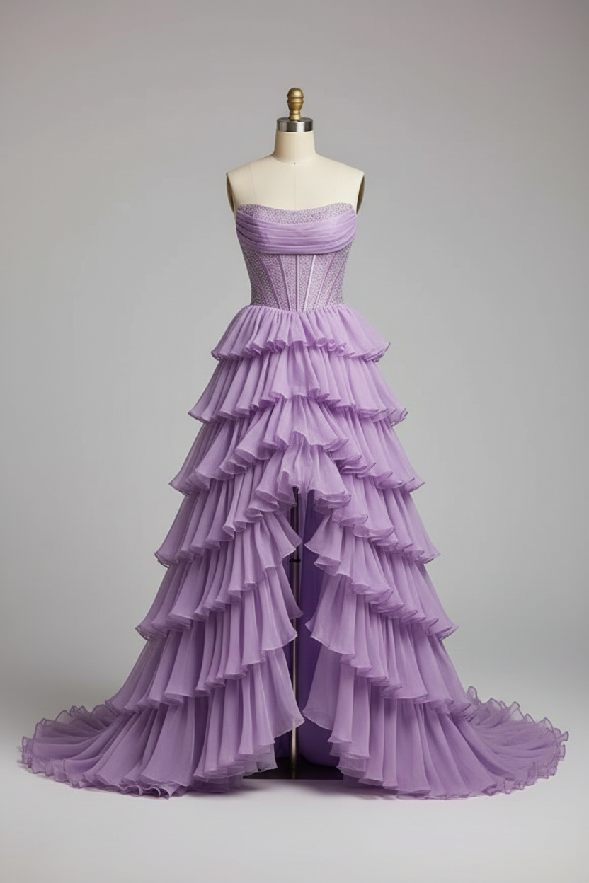 Lavender purple tiered ruffle high-low ball gown - front view