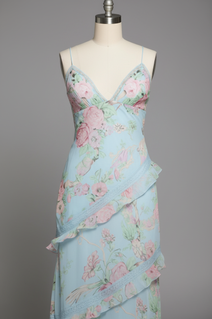 Light blue floral print prom dress - ruffle detail