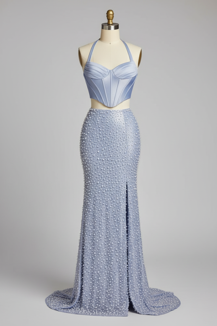 Light blue two-piece beaded prom dress - front view