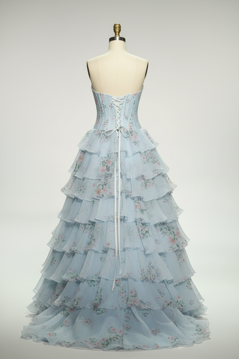 Light blue floral print ball gown - corset back view