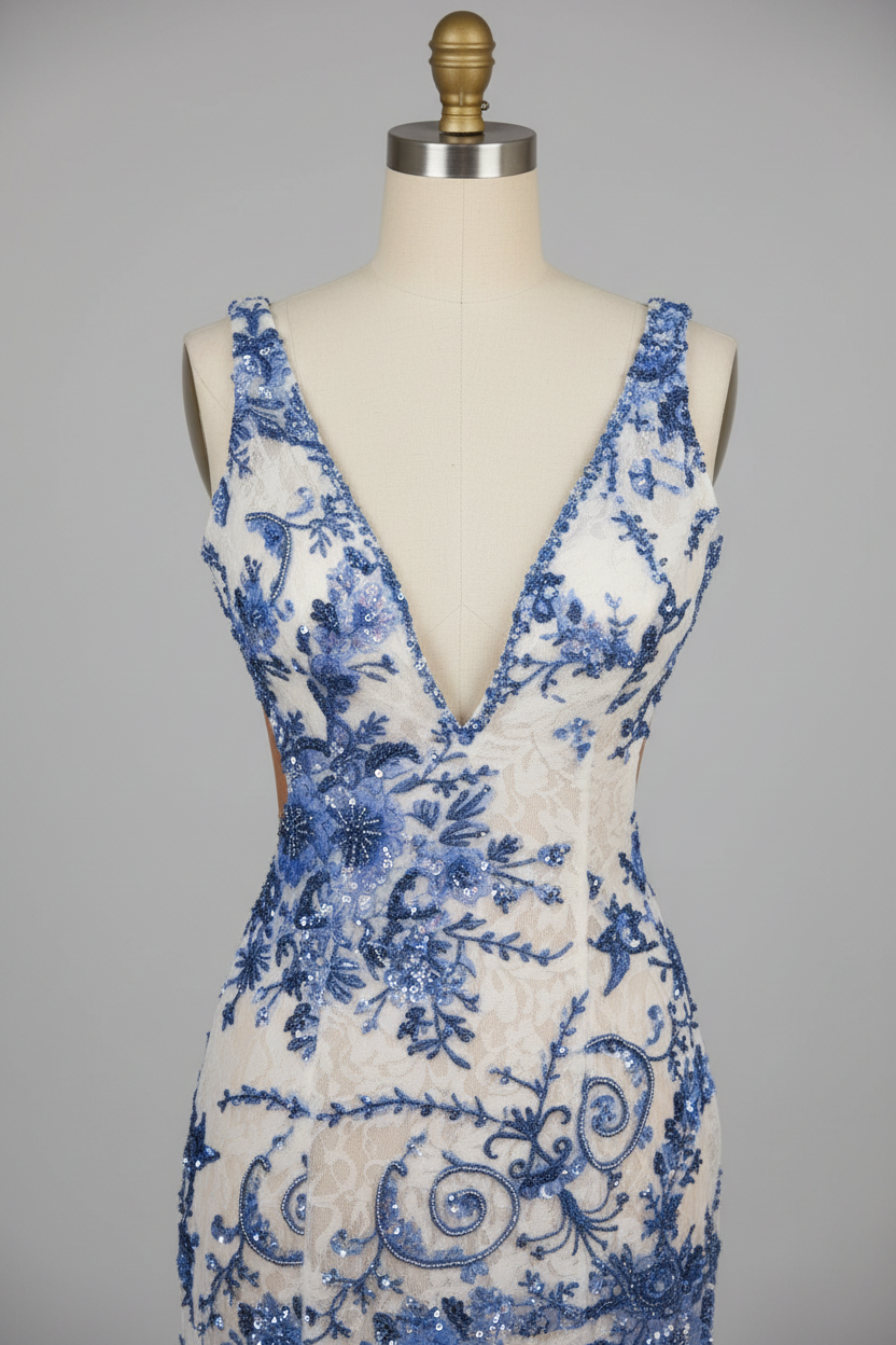 White mermaid prom dress - blue lace bodice detail