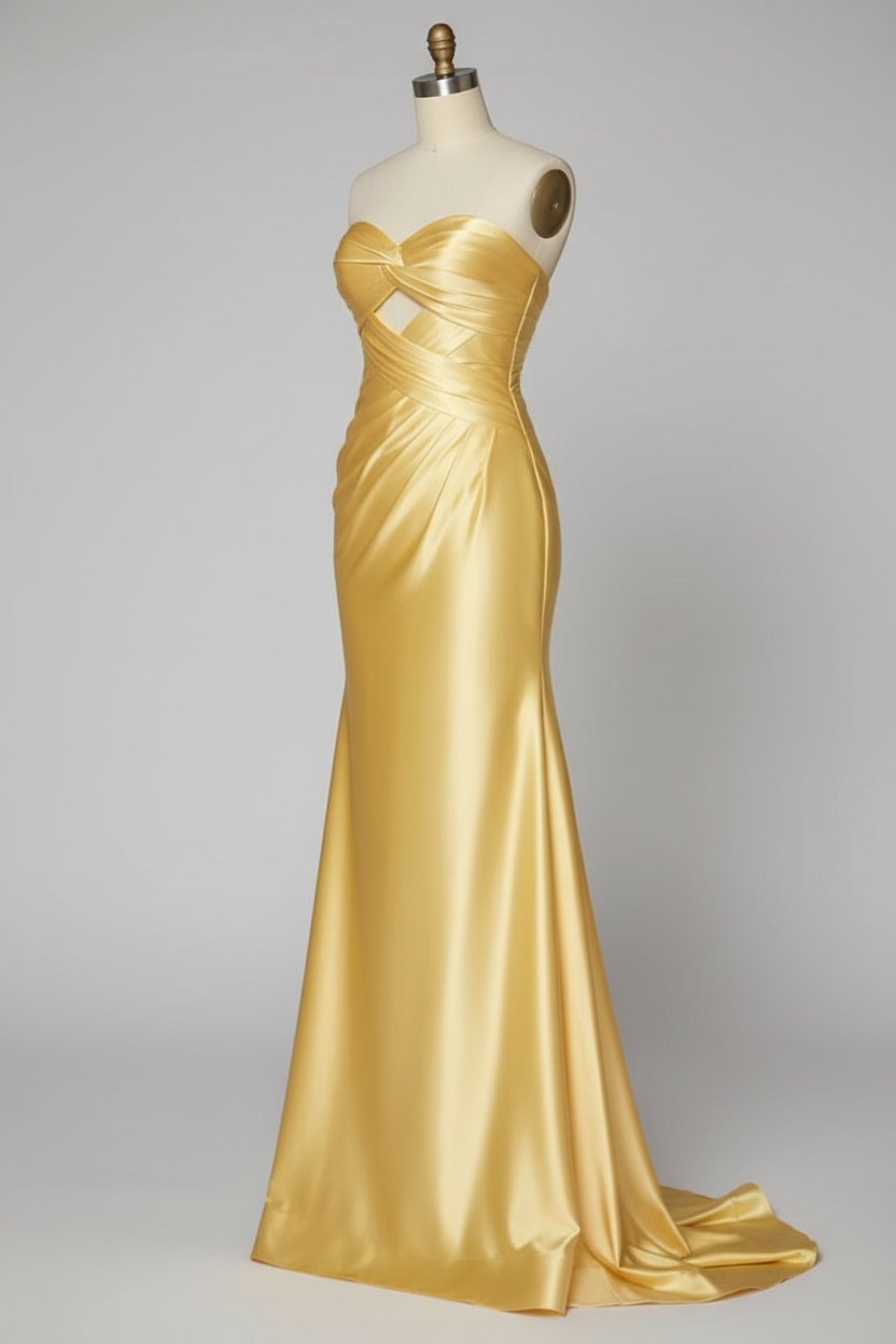 Golden yellow satin prom dress - alternate side view
