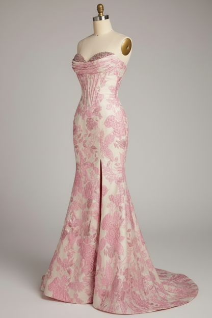 Pink floral embroidered mermaid prom dress - side view