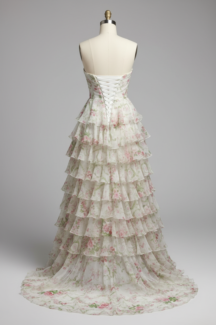 White floral print tiered ruffle prom dress - back view with corset