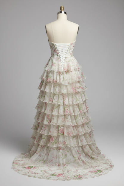 White floral print tiered ruffle prom dress - back view with corset