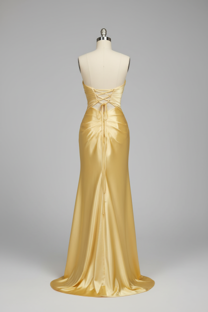Golden yellow satin prom dress - corset back view