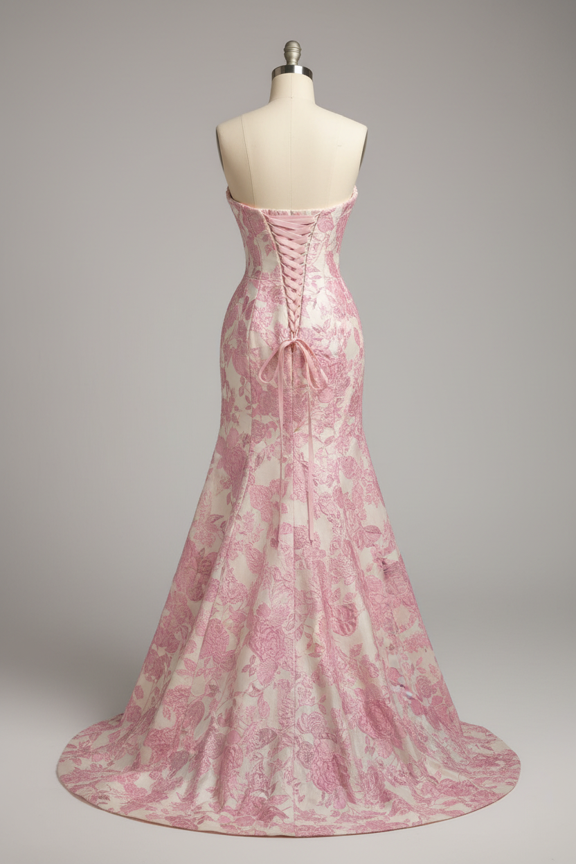 Pink floral embroidered mermaid prom dress - corset back view
