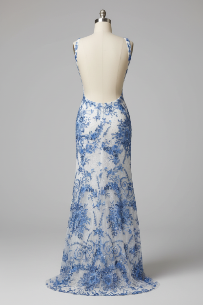 White mermaid prom dress with blue lace - back view