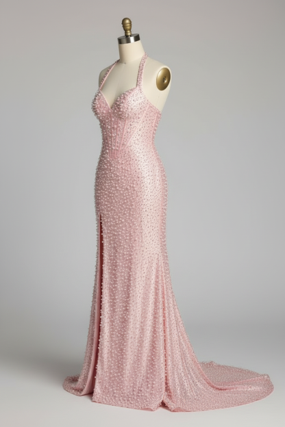Pink beaded prom dress - alternate side view