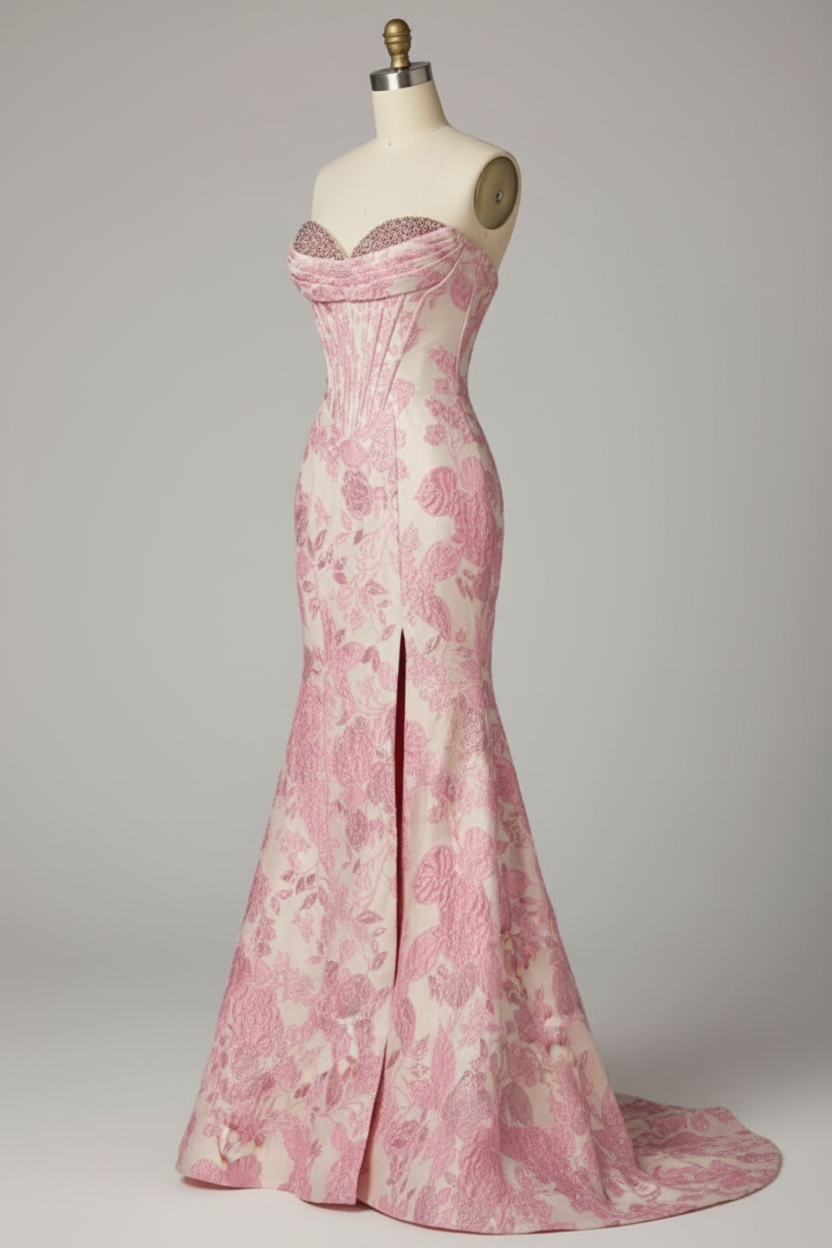 Pink floral embroidered mermaid prom dress - alternate side view