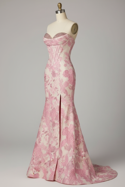 Pink floral embroidered mermaid prom dress - alternate side view