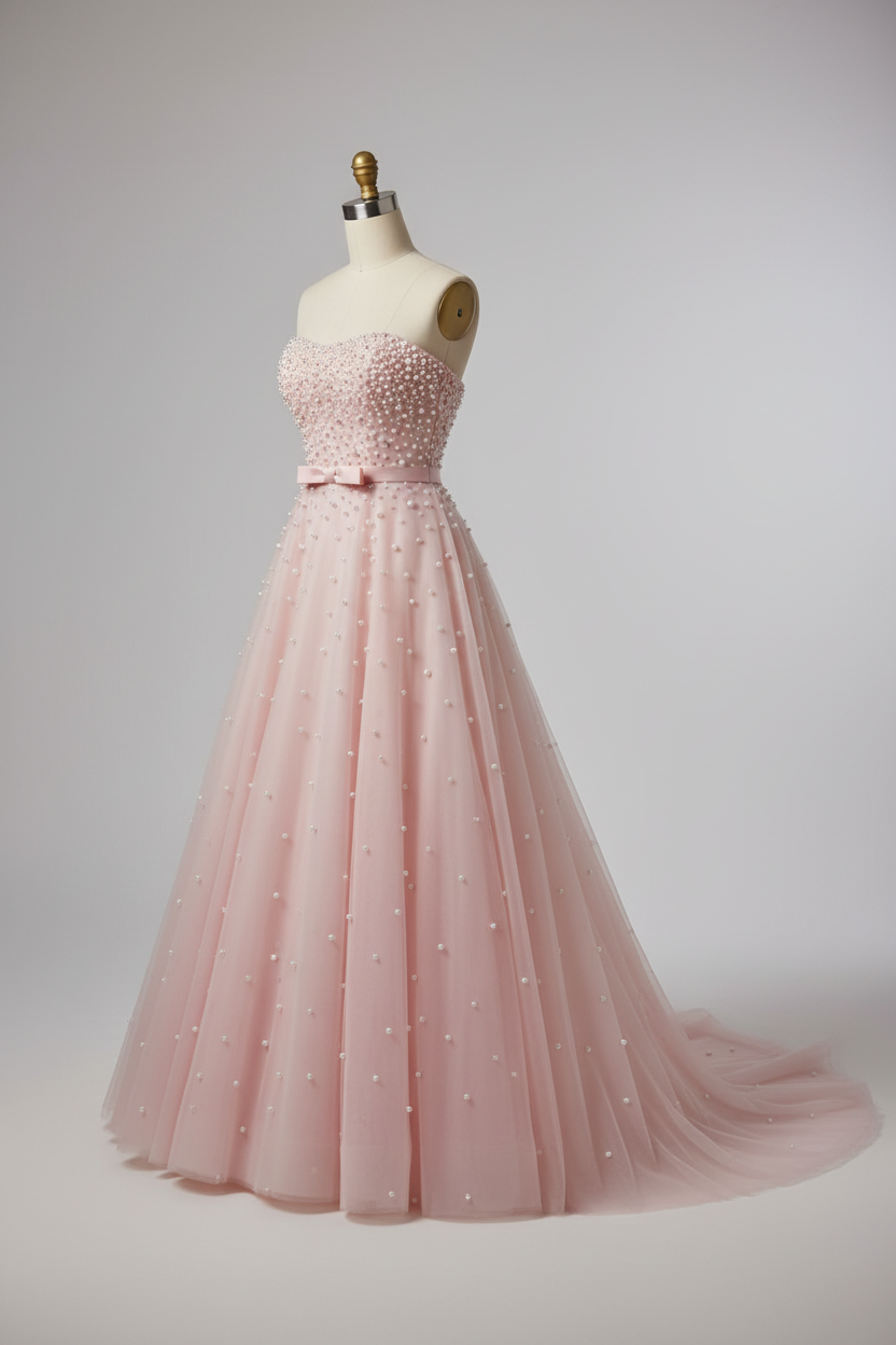 Pink pearl beaded ball gown - side view
