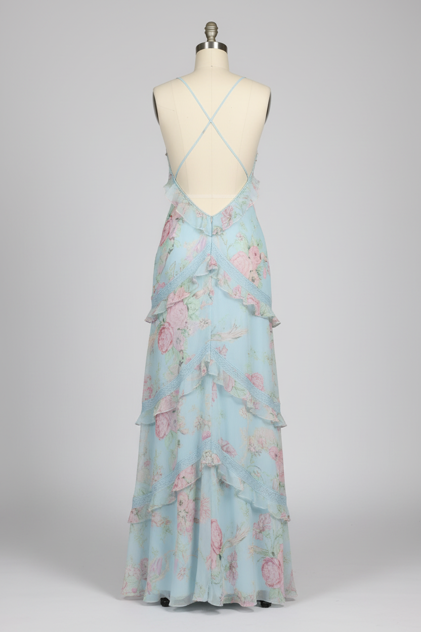 Light blue floral print prom dress - back view