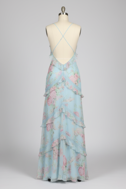 Light blue floral print prom dress - back view