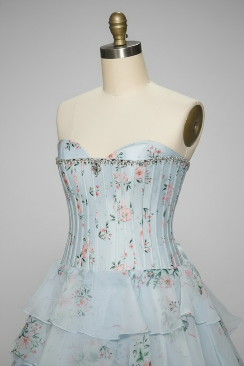Light blue floral print ball gown - crystal beaded bodice detail