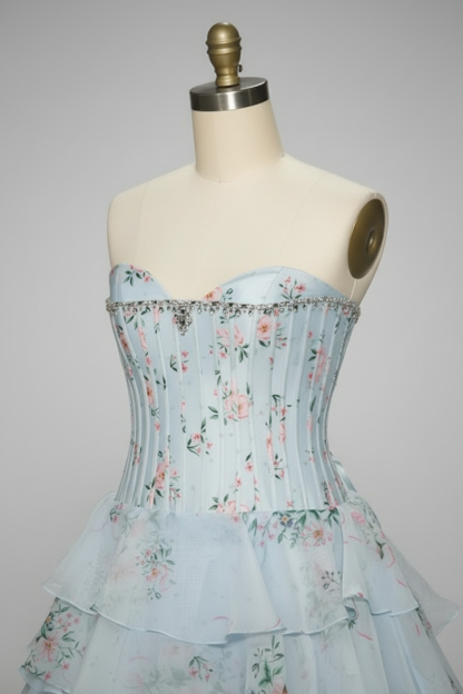 Light blue floral print ball gown - crystal beaded bodice detail