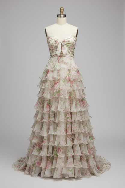 White floral print tiered ruffle prom dress - front view