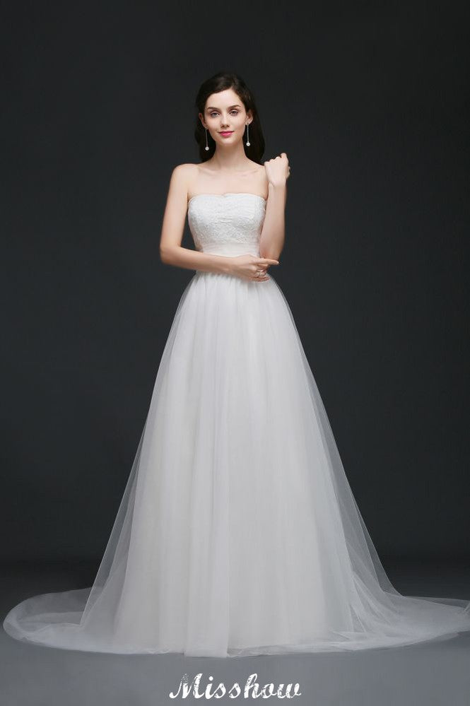 Lace White A-line Strapless Tulle Wedding Dress