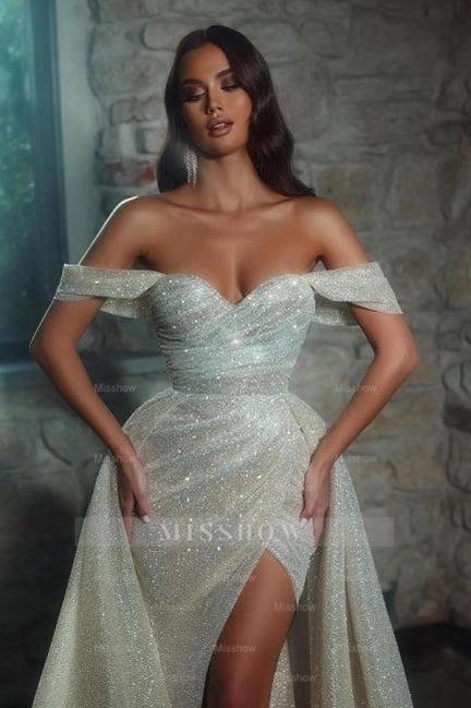 Luxurious off-the-shoulder Sleeveless A-Line Glitter Wedding Dresses With Split
